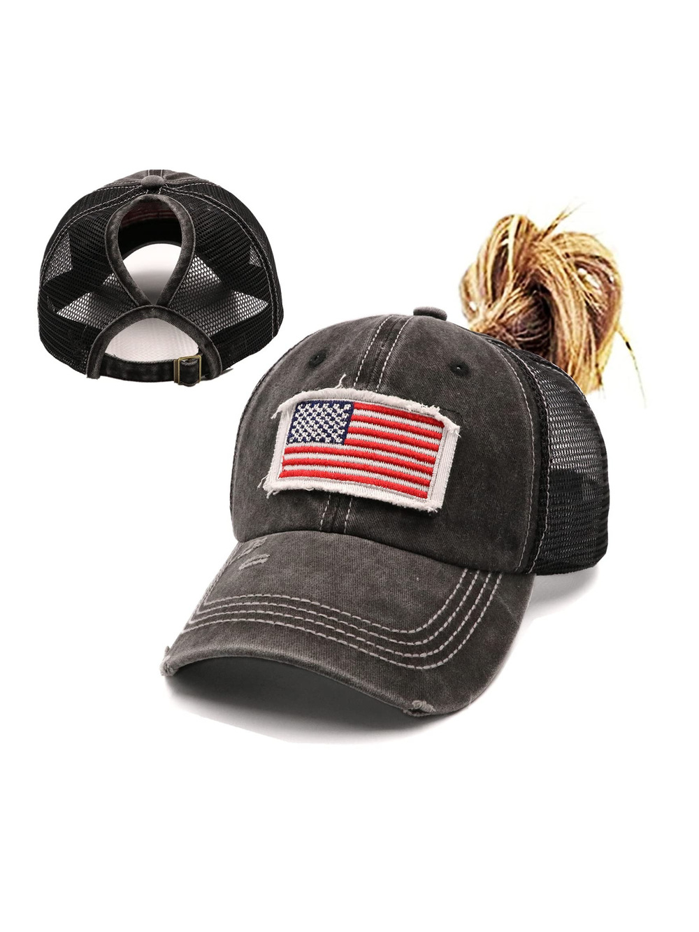 Womens High Ponytail Messy Bun Baseball Caps | Usa Flag Mesh Black | Size OS